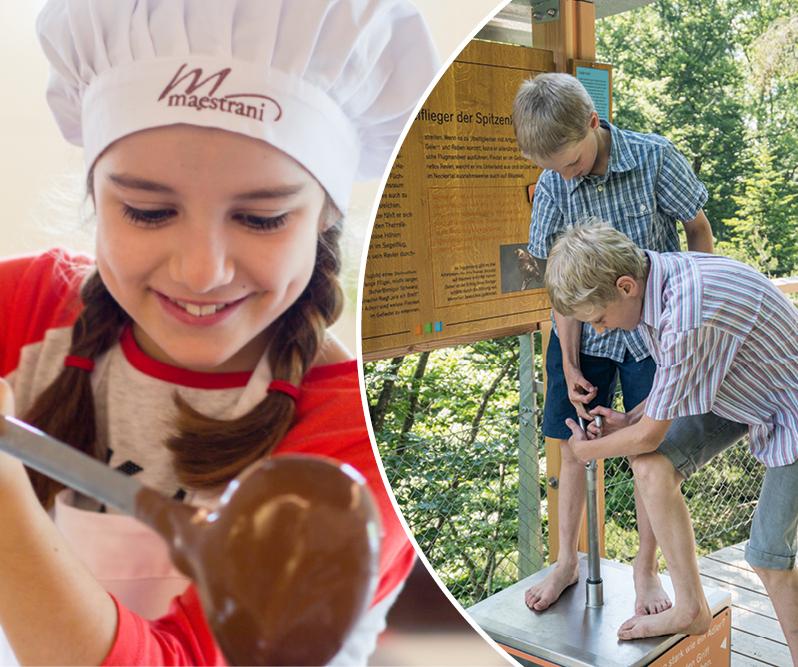 Kind giesst Schokolade und Kinder spielen im Wald